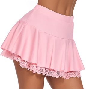 Avidlove Women Pleated Mini Skirt Sexy Lace Ruffle Pink XXL